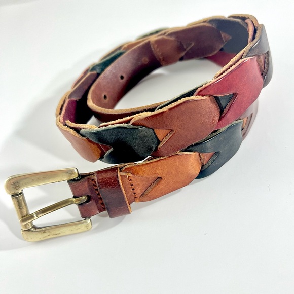 FOSSIL Leather Belt Multi Color Chain Braid Brown Black BRASS BUCKLE Woman SMALL - Picture 1 of 6